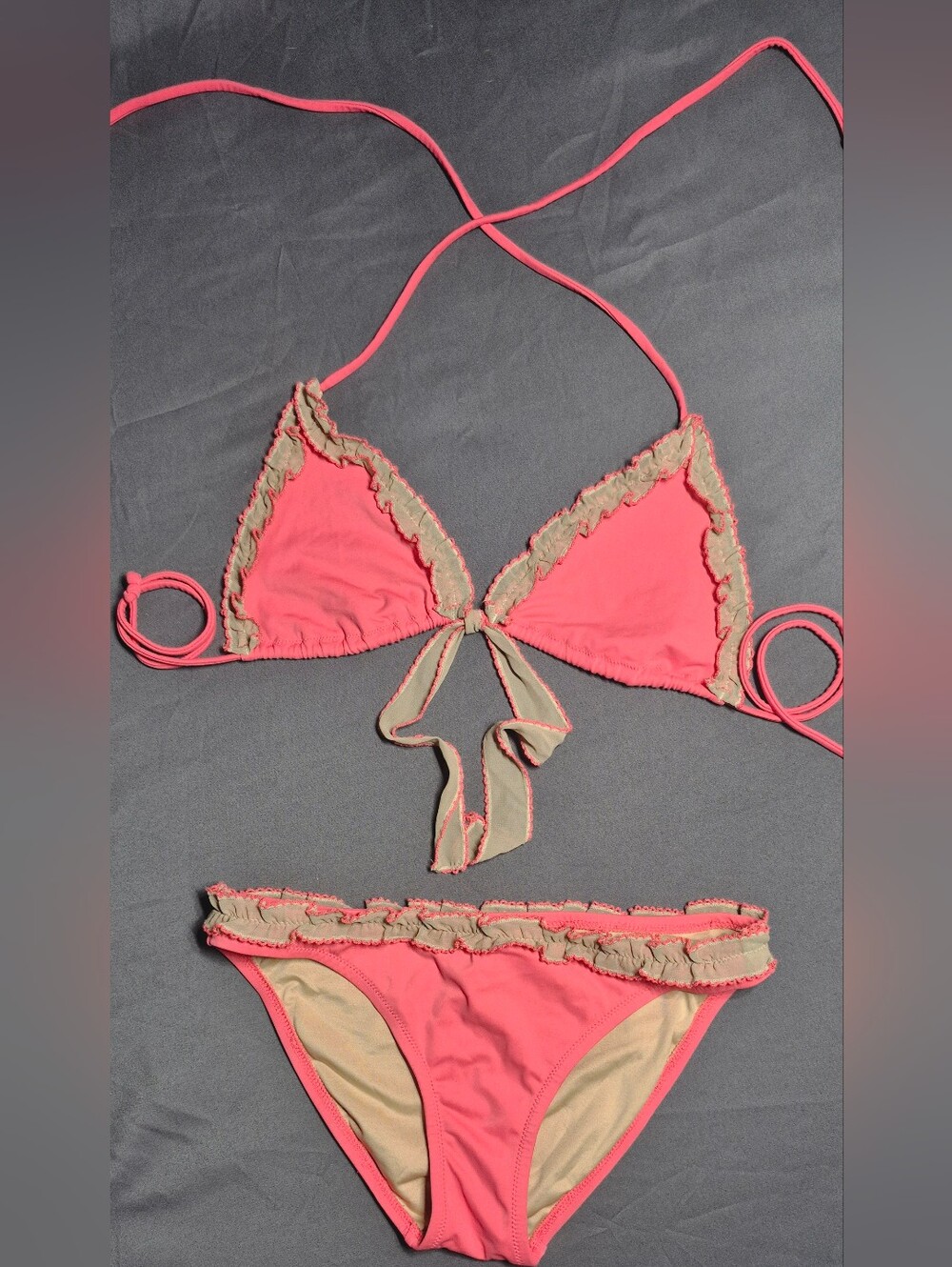 Victoria's Secret Coral Pink and Beige Ruffle Triangle Bikini